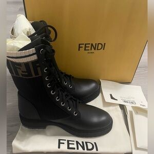 Fendi Rockoko Leather & Knit Combat Boots